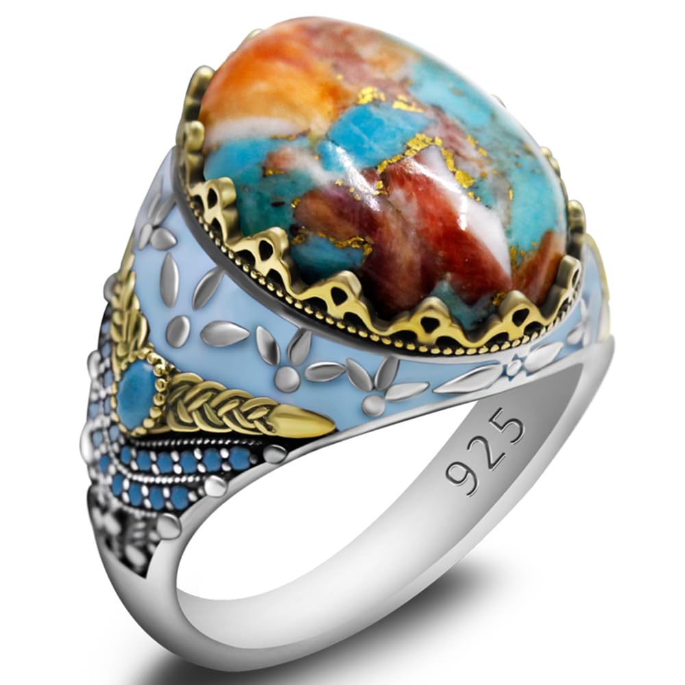 S925 Sterling Silver Turquoise Ring Men's Blue Turquoise